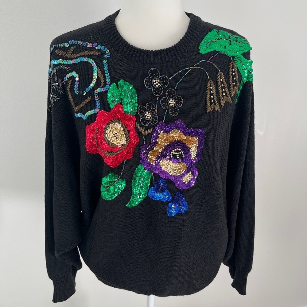 Mister Noah Sz L Black Sequins Sweater Pullover Floral 90s Knit Ramie/Cotton*W15